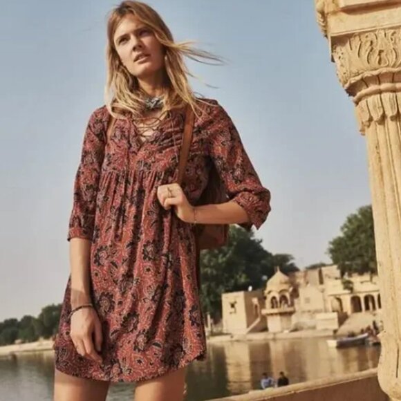 Madewell Silk Lace-Up Assam Floral Dress in Rust Red XS - Picture 13 of 13